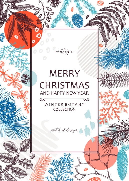 Merry Christmas card. Vintage frame with evergreen plants, conifers, cones drawing. Winter design with hand-drawn botanical illustrations. Christmas background. New Year invitation retro template